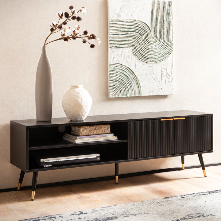 Lowboard Schwarz Eiche-Dekor Modern Stil 150x51x39 cm mit Türen und Ablagefächern