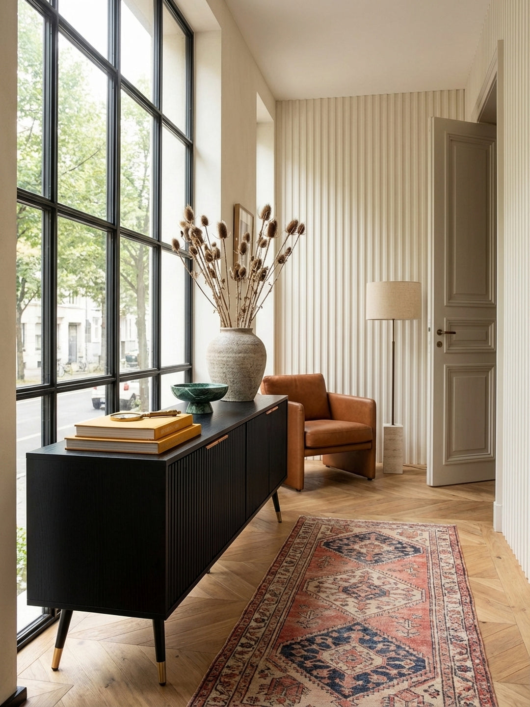 Das schwarze Design-Lowboard mit Rillen harmoniert perfekt mit einem Beistelltisch aus Travertin und einem Sessel im Mid-Century-Stil._