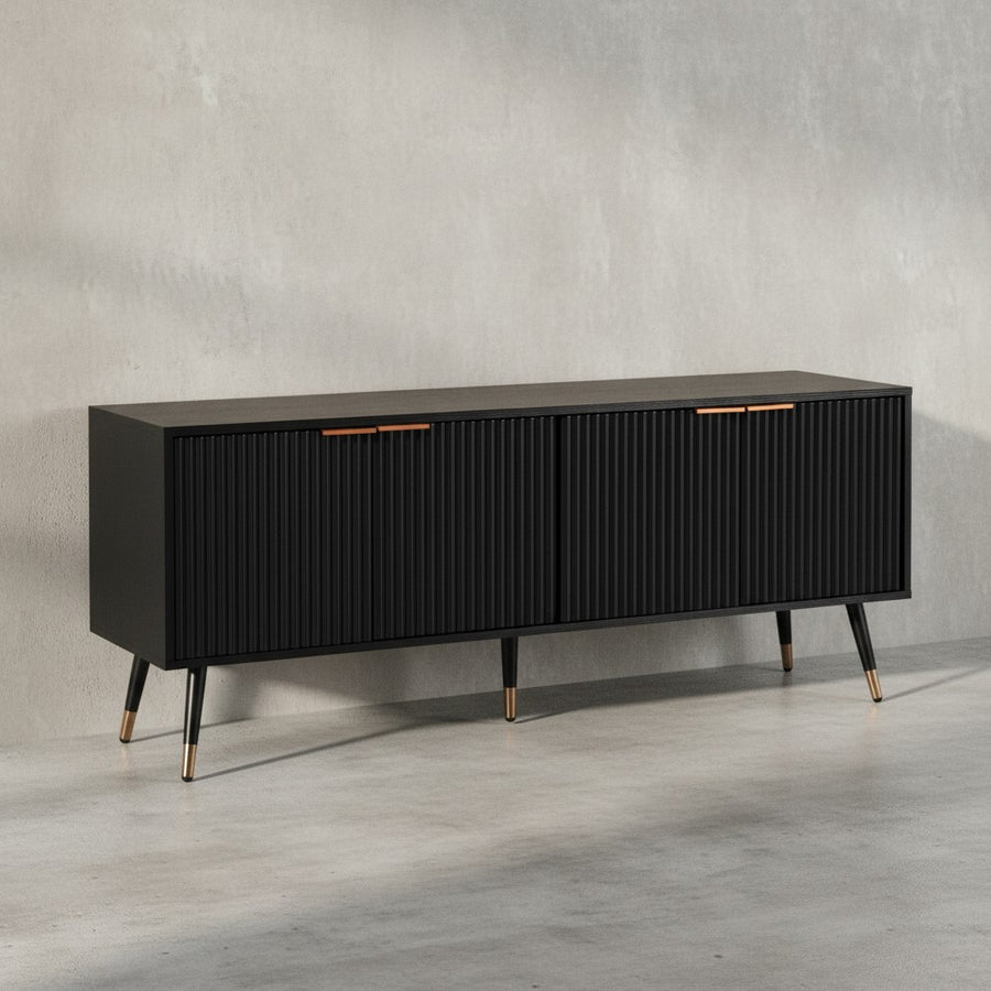 Lowboard Schwarz mit Eiche-Dekor 150x60x39 cm TV-Kommode Modern - Design TV-Schrank Hoch - Fernsehtisch Fernsehschrank mit Türen - Fernsehkommode Wohnzimmer_