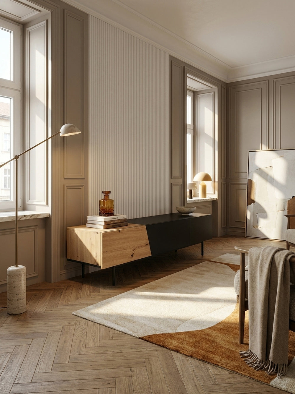 Elegantes TV-Lowboard 150x40x40 cm in warmer Eiche-Holzoptik und Schwarz im stilvollen Wohnzimmer mit flächiger Rillenputz-Wand und edlem Eichenfischgrätparkett._