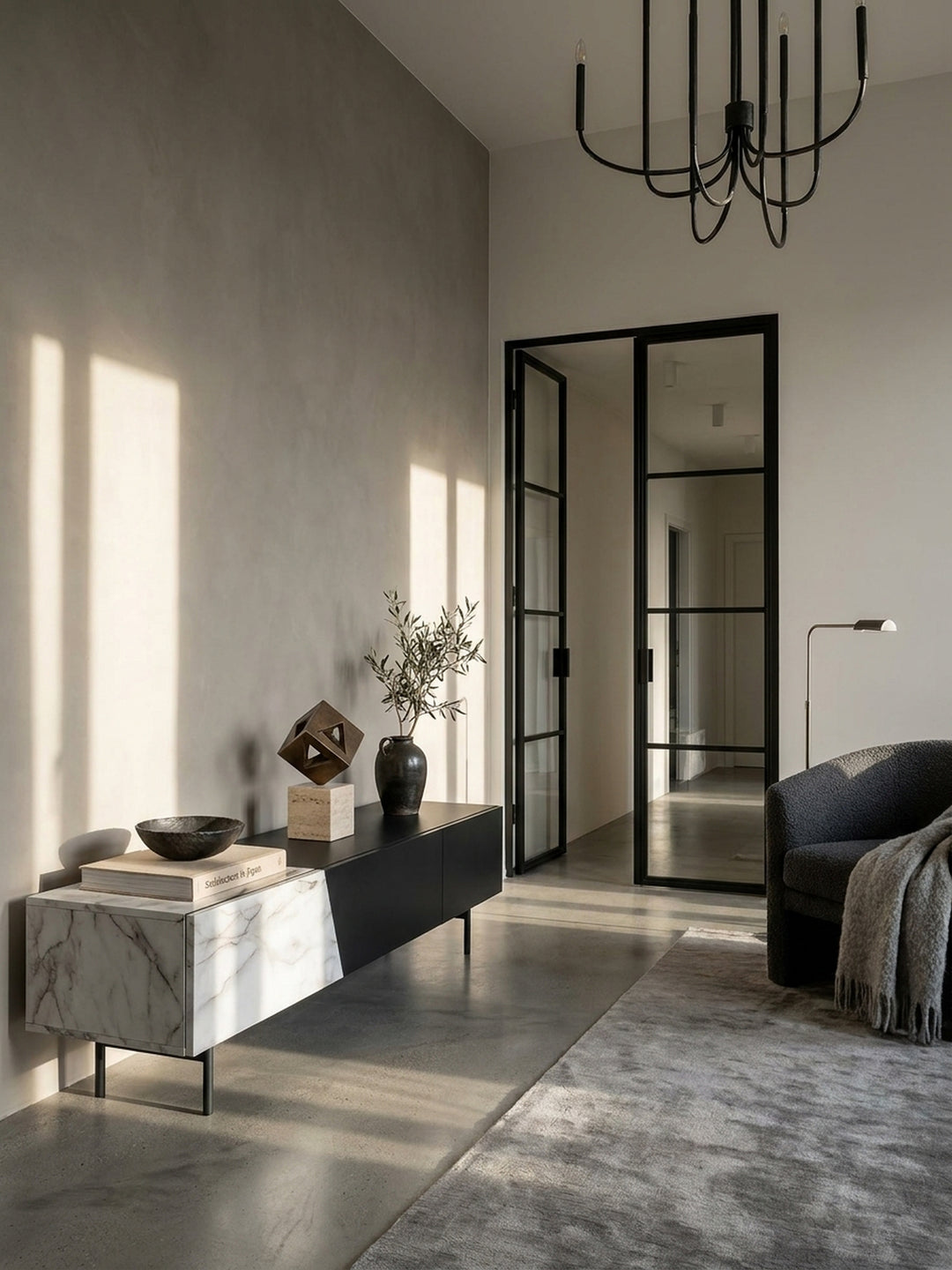 Modernes Lowboard mit weißem Marmor-Dekor und schwarzer Front im puristischen Wohnzimmer vor einer glatten Sichtbetonwand_