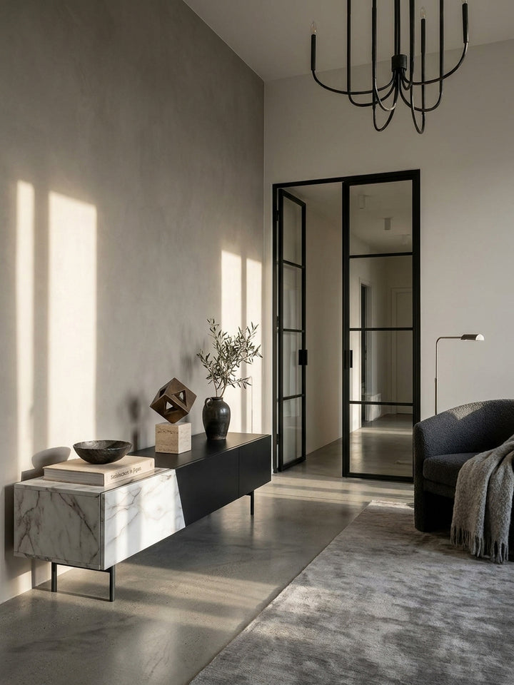 Modernes Lowboard mit weißem Marmor-Dekor und schwarzer Front im puristischen Wohnzimmer vor einer glatten Sichtbetonwand_