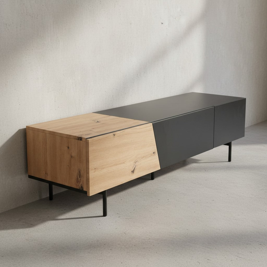 Lowboard Schwarz mit Eiche-Dekor 150x40x40 cm TV-Kommode Modern - Design TV-Schrank Niedrig - Fernsehtisch Fernsehschrank mit Türen &amp; Schublade - Fernsehkommode Wohnzimmer_