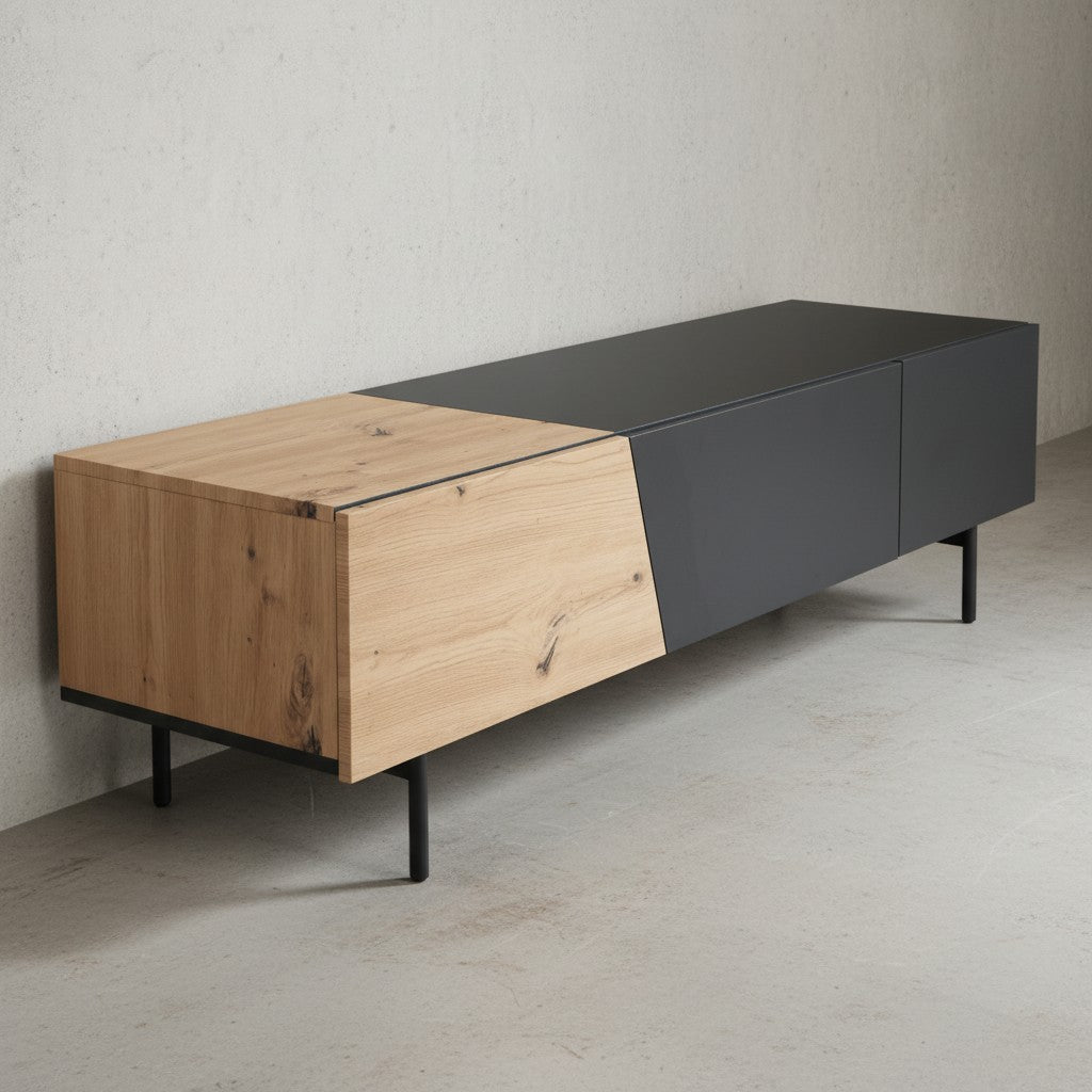 Lowboard Schwarz mit Eiche-Dekor 150x40x40 cm TV-Kommode Modern - Design TV-Schrank Niedrig - Fernsehtisch Fernsehschrank mit Türen &amp; Schublade - Fernsehkommode Wohnzimmer_