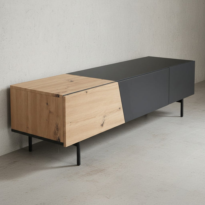 Lowboard Schwarz mit Eiche-Dekor 150x40x40 cm TV-Kommode Modern - Design TV-Schrank Niedrig - Fernsehtisch Fernsehschrank mit Türen &amp;amp; Schublade - Fernsehkommode Wohnzimmer_