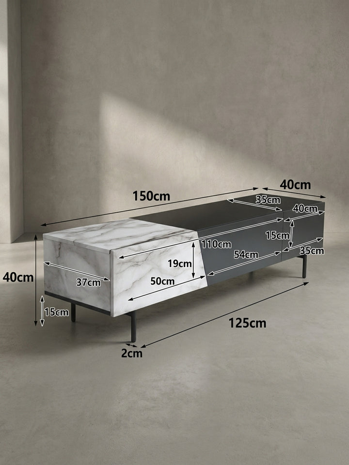 Technische Zeichnung der schwarzen TV-Kommode mit exakten Maßangaben von 150x40x40 cm zur präzisen Raumplanung_