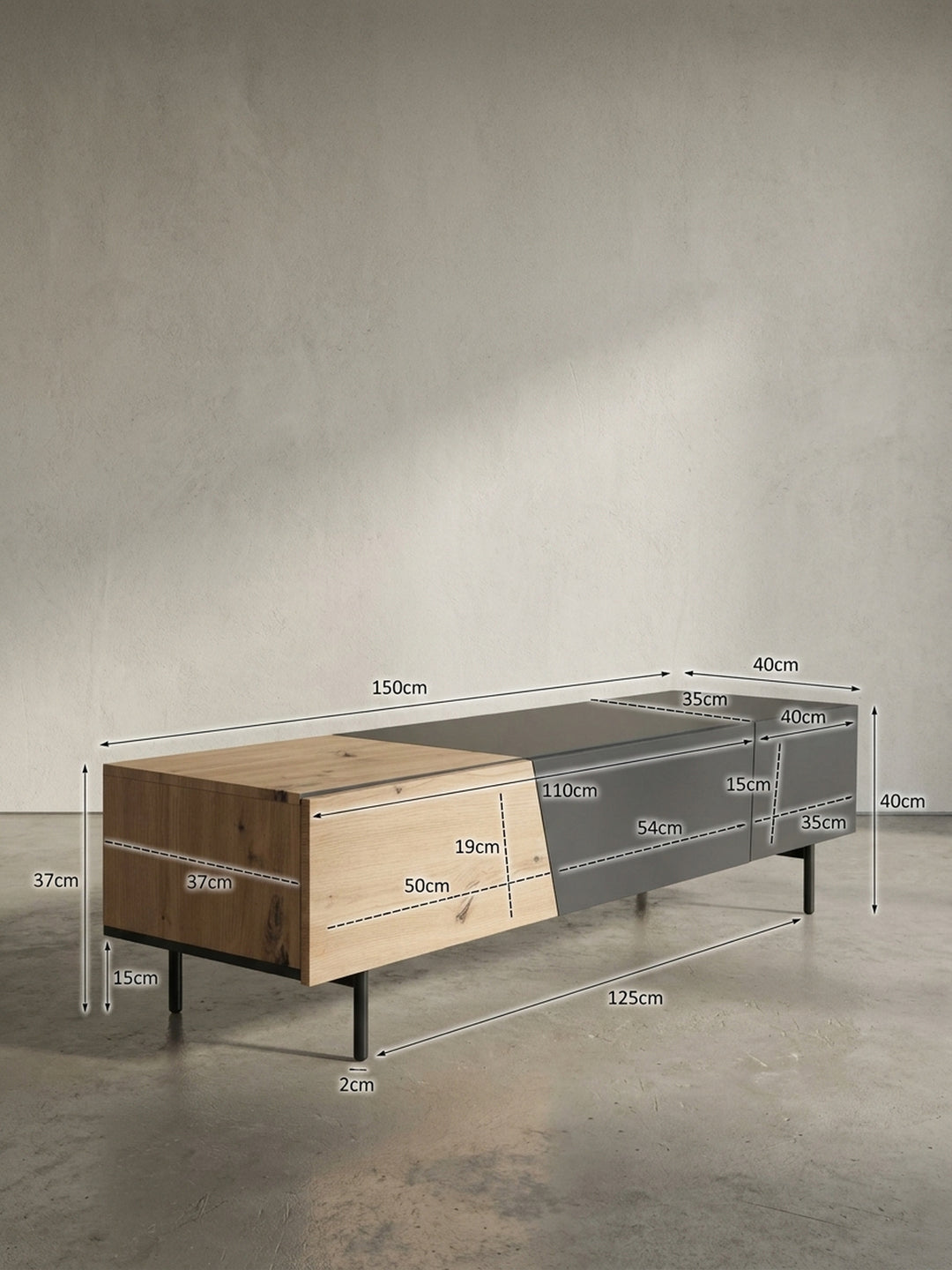 Technische Zeichnung des TV-Lowboards mit exakten Maßangaben von 150x40x40 cm sowie Innenmaßen der Frontschublade und Türfächer zur optimalen Raumplanung._