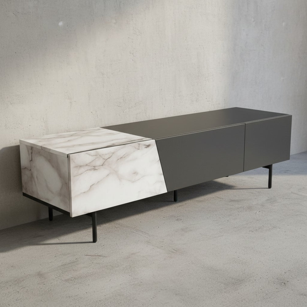 Lowboard Schwarz mit Eiche-Dekor 150x40x40 cm TV-Kommode Modern - Design TV-Schrank Niedrig - Fernsehtisch Fernsehschrank mit Türen &amp; Schublade - Fernsehkommode Wohnzimmer_