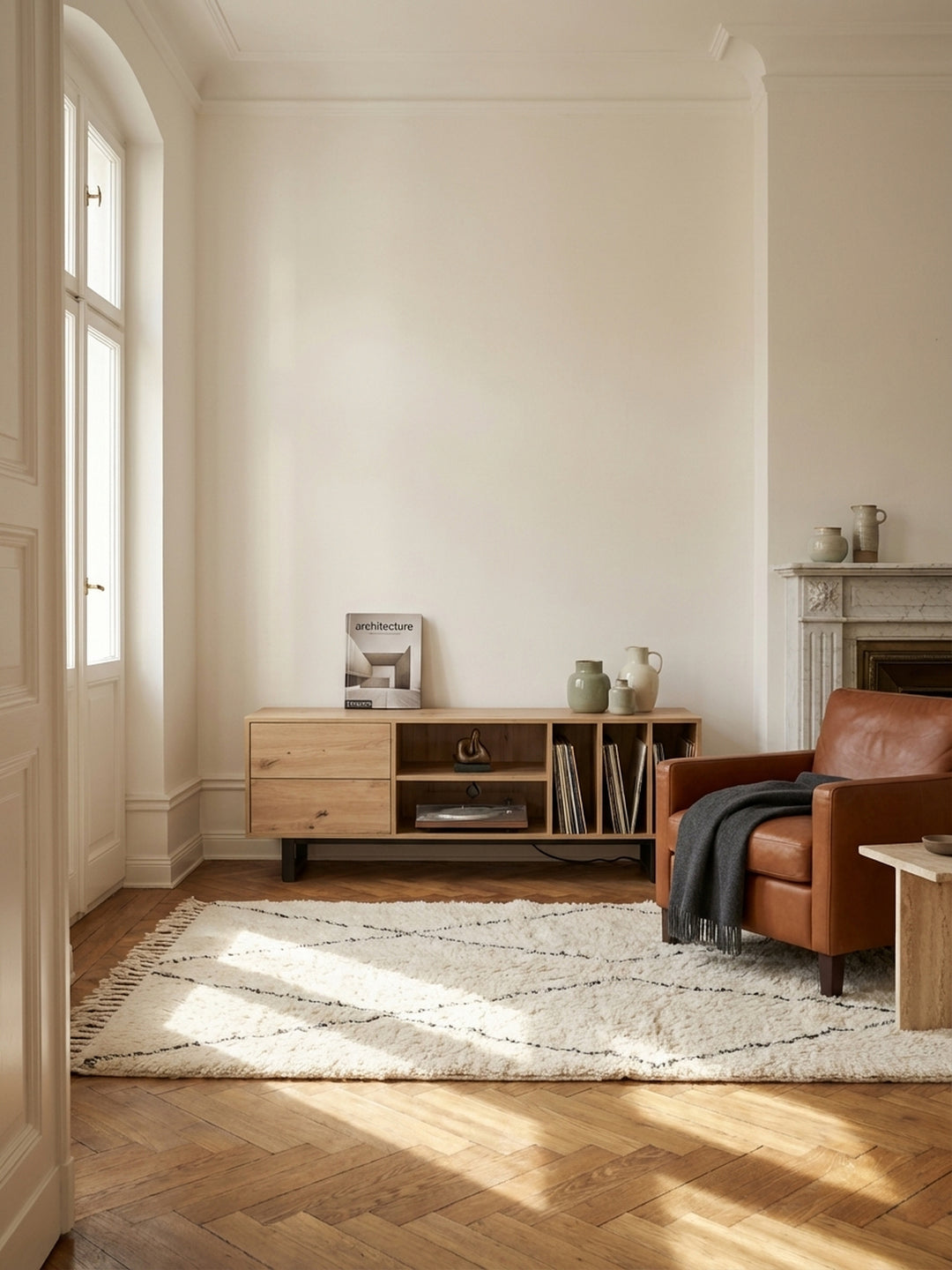 Modernes Lowboard in Eiche-Optik mit schwarzen Metallbeinen als Mittelpunkt in einem lichtdurchfluteten Wohnzimmer mit Holzboden und einem großen Fernseher an der Wand._