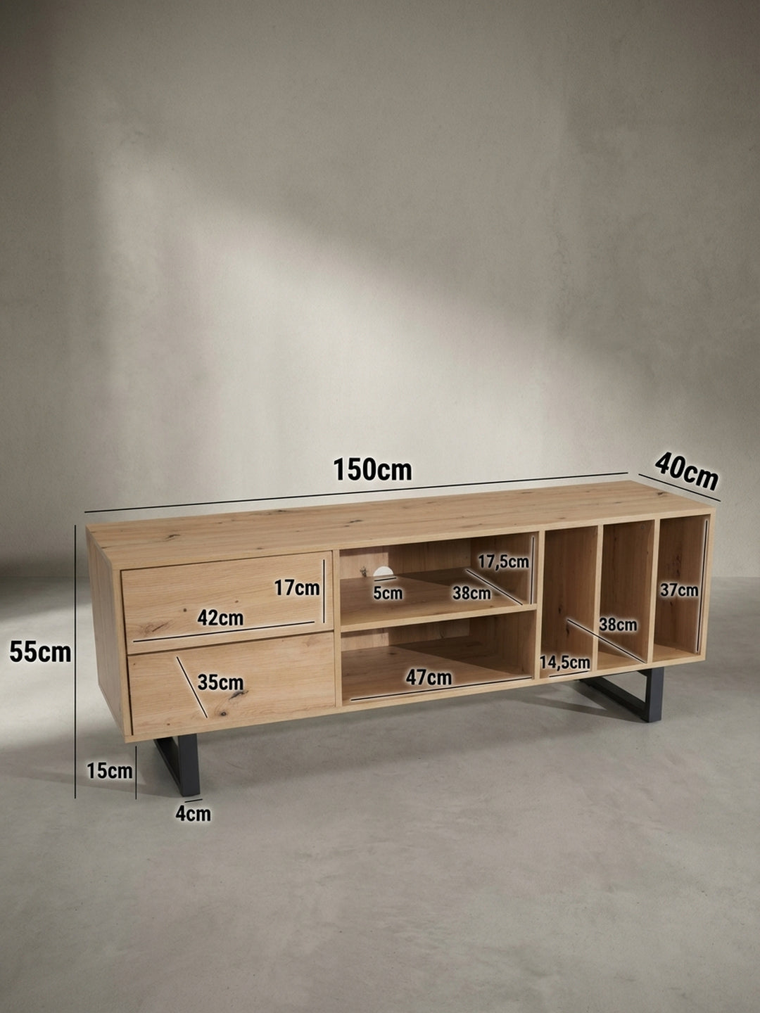 Technische Zeichnung des Lowboards mit allen exakten Maßen (150x55x40 cm) zur einfachen Planung des Platzbedarfs im eigenen Wohnzimmer._