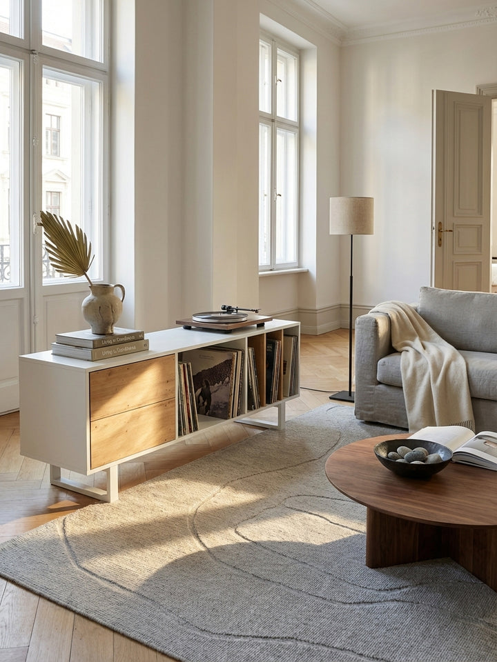 Modernes Lowboard in Weiß mit Eiche-Dekor als Mittelpunkt eines skandinavischen Wohnzimmers, platziert auf einem hellen Holzboden vor einer minimalistischen Wand._