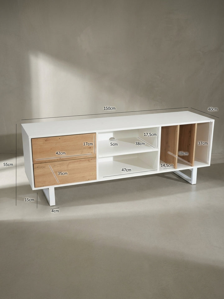 Technisches Maßbild des Lowboards mit allen relevanten Abmessungen: Breite 150 cm, Höhe 55 cm und Tiefe 40 cm für die exakte Raumplanung._