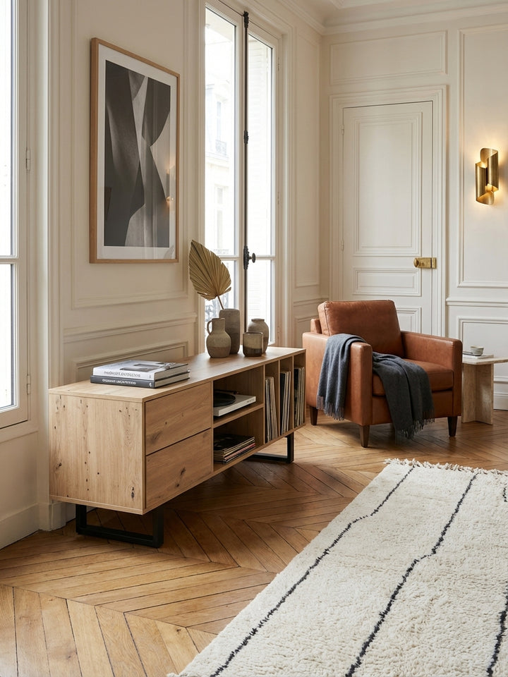 Die Fernsehkommode in Eichen-Optik steht harmonisch neben einem hellen Teppich und einem modernen Sofa und demonstriert ihre Vielseitigkeit im Wohnzimmer-Ambiente._