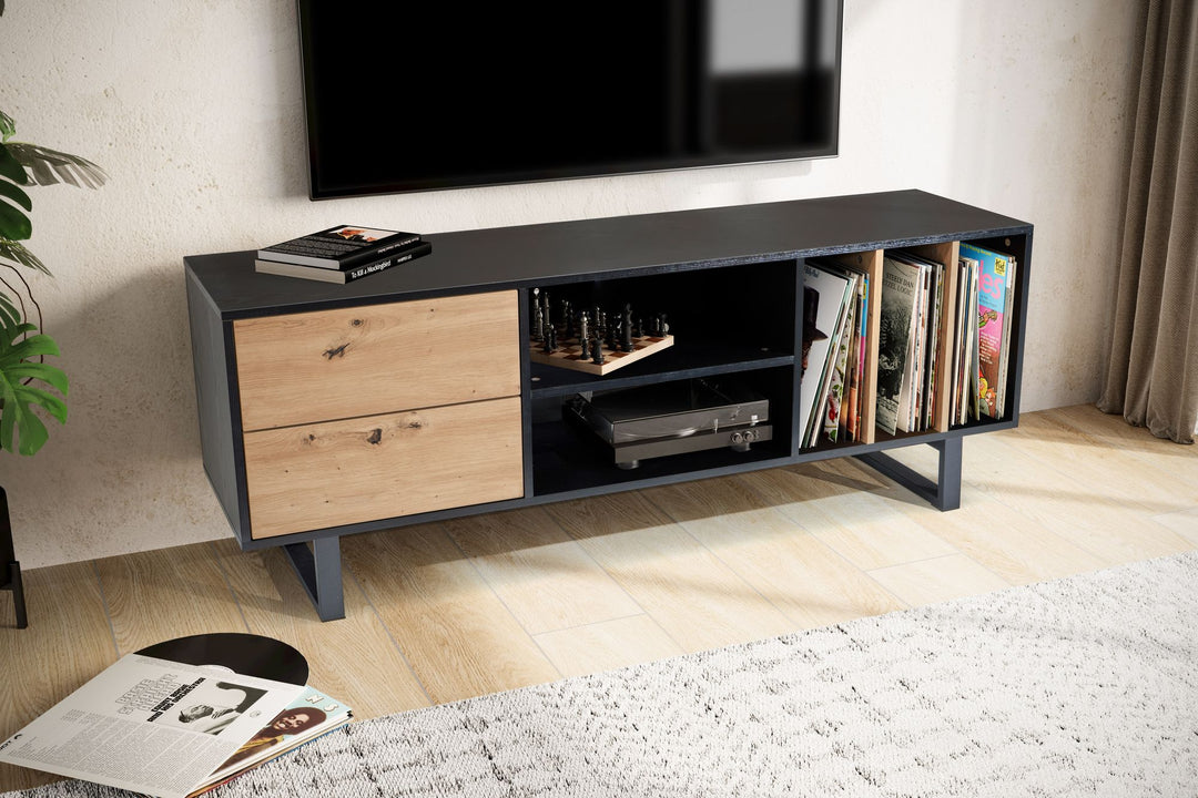 TV-Lowboard mit Eiche-Dekor, Schubladen und offenes Regal, modern