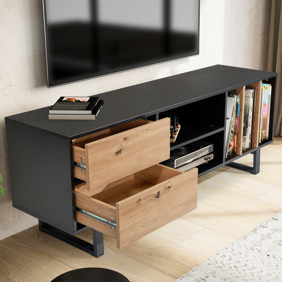 TV-Lowboard mit Eiche-Dekor, Schubladen und offenes Regal, modern