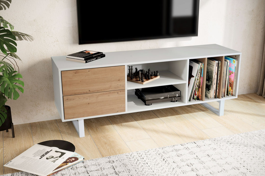TV-Lowboard mit Eiche-Dekor, Schubladen und offenes Regal, modern