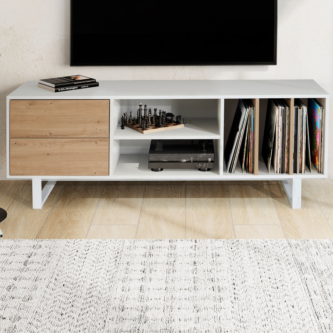 Lowboard mit Eiche-Dekor 150x55x40 cm TV-Kommode Modern - Design TV-Schrank Hoch - Fernsehtisch Fernsehschrank mit Schubladen &amp; Regal - Fernsehkommode Wohnzimmer_