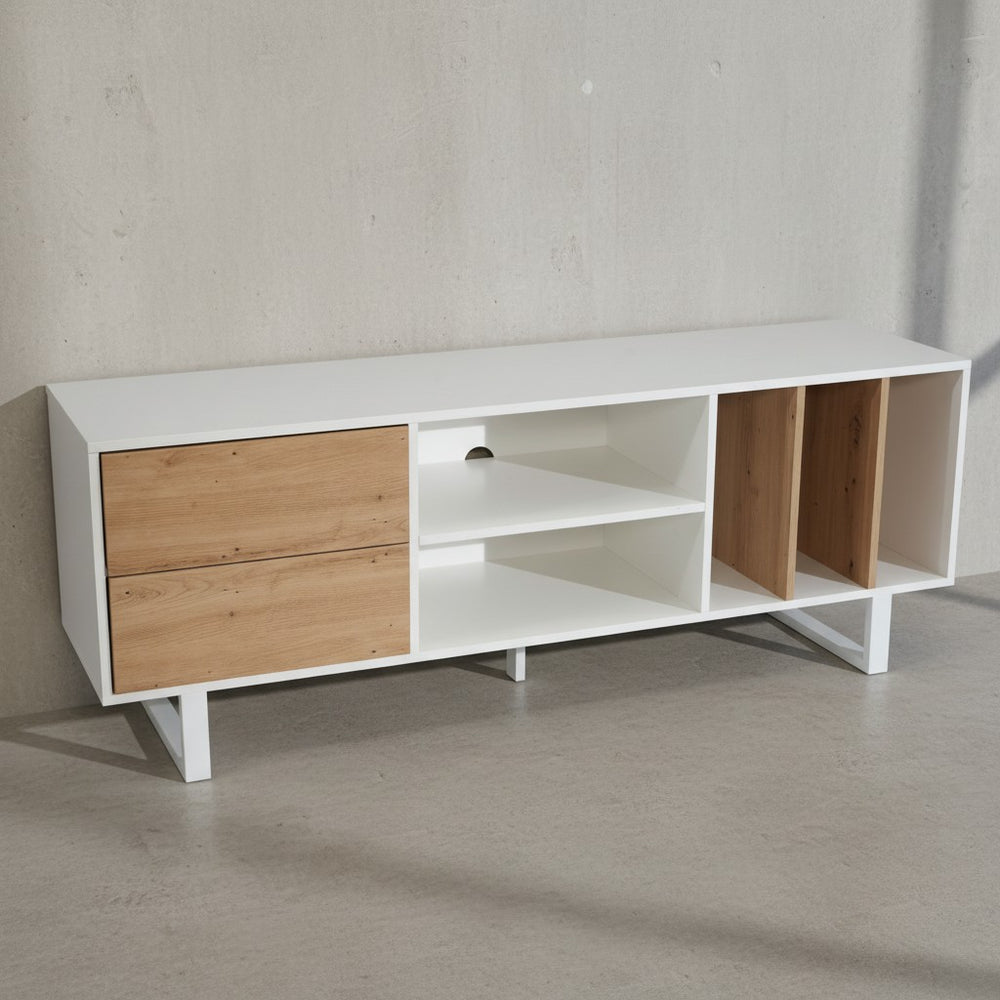 Lowboard mit Eiche-Dekor 150x55x40 cm TV-Kommode Modern - Design TV-Schrank Hoch - Fernsehtisch Fernsehschrank mit Schubladen &amp; Regal - Fernsehkommode Wohnzimmer_