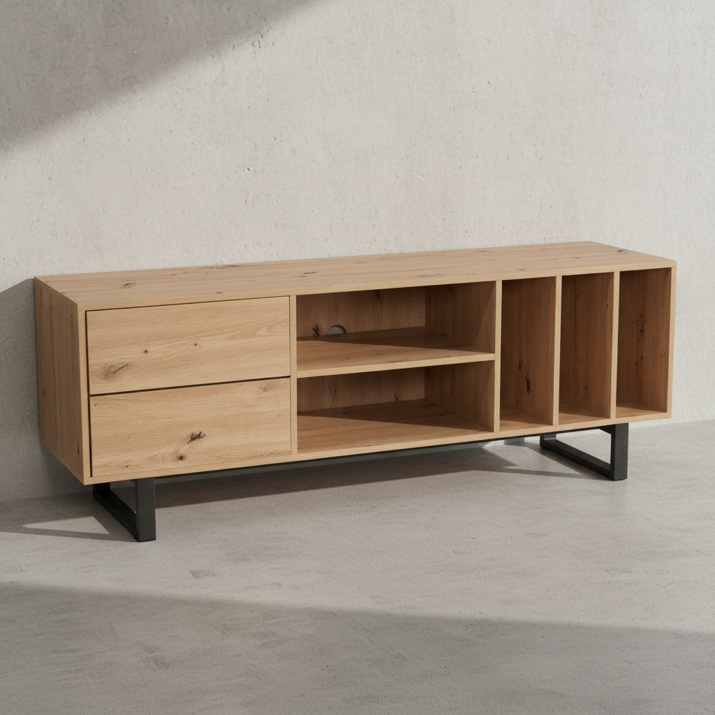 Lowboard mit Eiche-Dekor 150x55x40 cm TV-Kommode Modern - Design TV-Schrank Hoch - Fernsehtisch Fernsehschrank mit Schubladen &amp; Regal - Fernsehkommode Wohnzimmer_