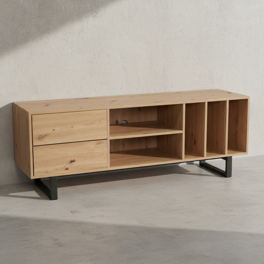 Lowboard mit Eiche-Dekor 150x55x40 cm TV-Kommode Modern - Design TV-Schrank Hoch - Fernsehtisch Fernsehschrank mit Schubladen &amp; Regal - Fernsehkommode Wohnzimmer_