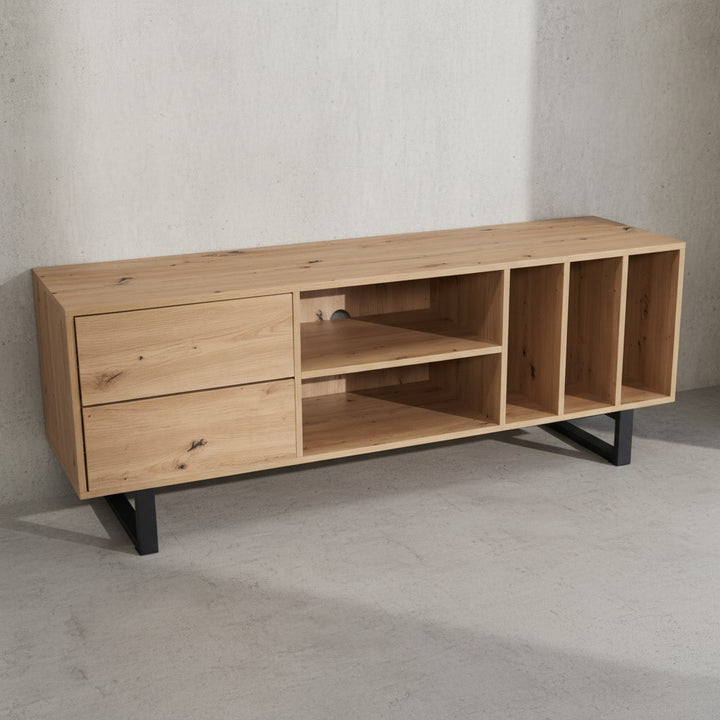 Lowboard mit Eiche-Dekor 150x55x40 cm TV-Kommode Modern - Design TV-Schrank Hoch - Fernsehtisch Fernsehschrank mit Schubladen &amp;amp; Regal - Fernsehkommode Wohnzimmer_