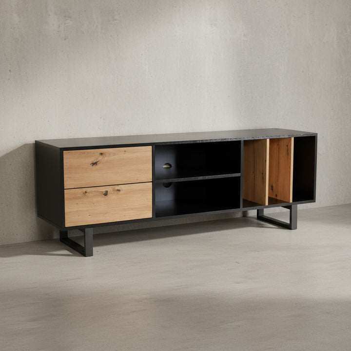 Lowboard mit Eiche-Dekor 150x55x40 cm TV-Kommode Modern - Design TV-Schrank Hoch - Fernsehtisch Fernsehschrank mit Schubladen &amp;amp; Regal - Fernsehkommode Wohnzimmer_
