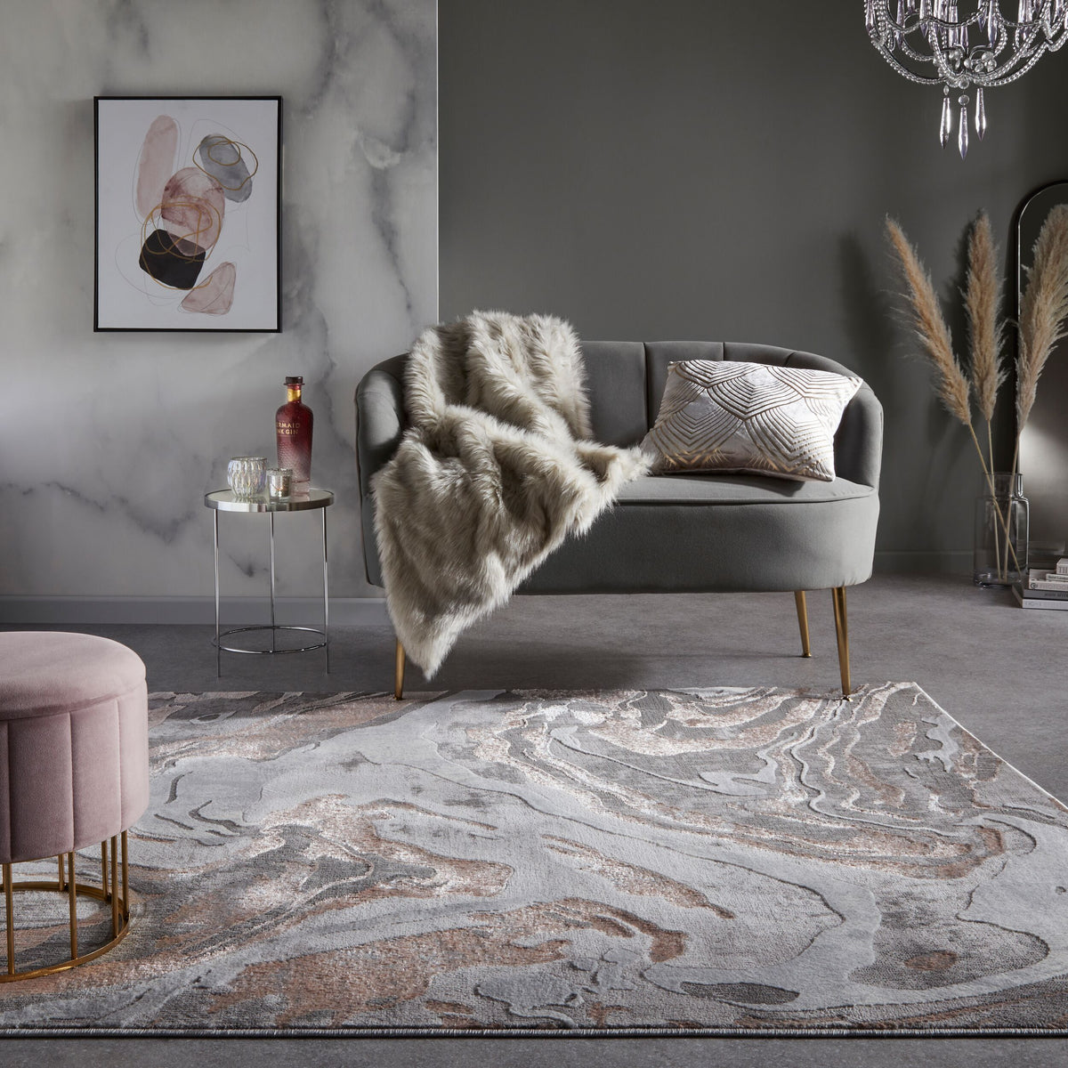 Luxuriöser Wohnzimmer Teppich mit metallischer Marmorierung_Rosa-Grau_Rechteckig_