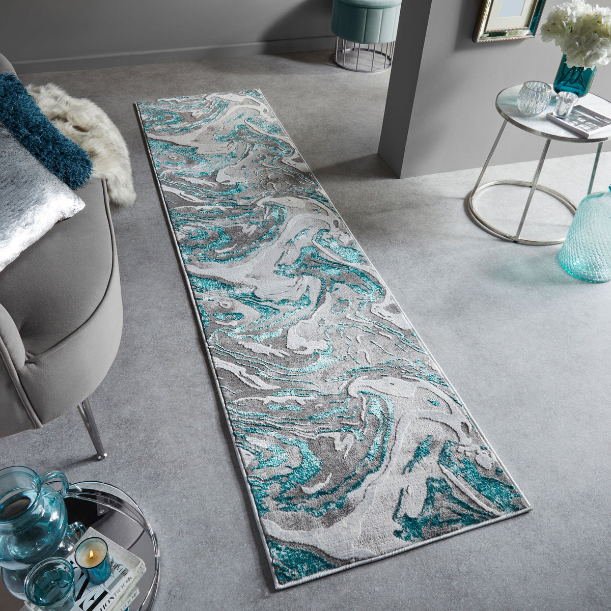 Luxuriöser Wohnzimmer Teppich mit metallischer Marmorierung_Grün-Grau_Läufer_