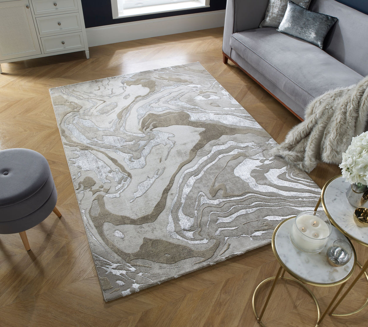 Luxuriöser Wohnzimmer Teppich mit metallischer Marmorierung_Beige_Rechteckig_