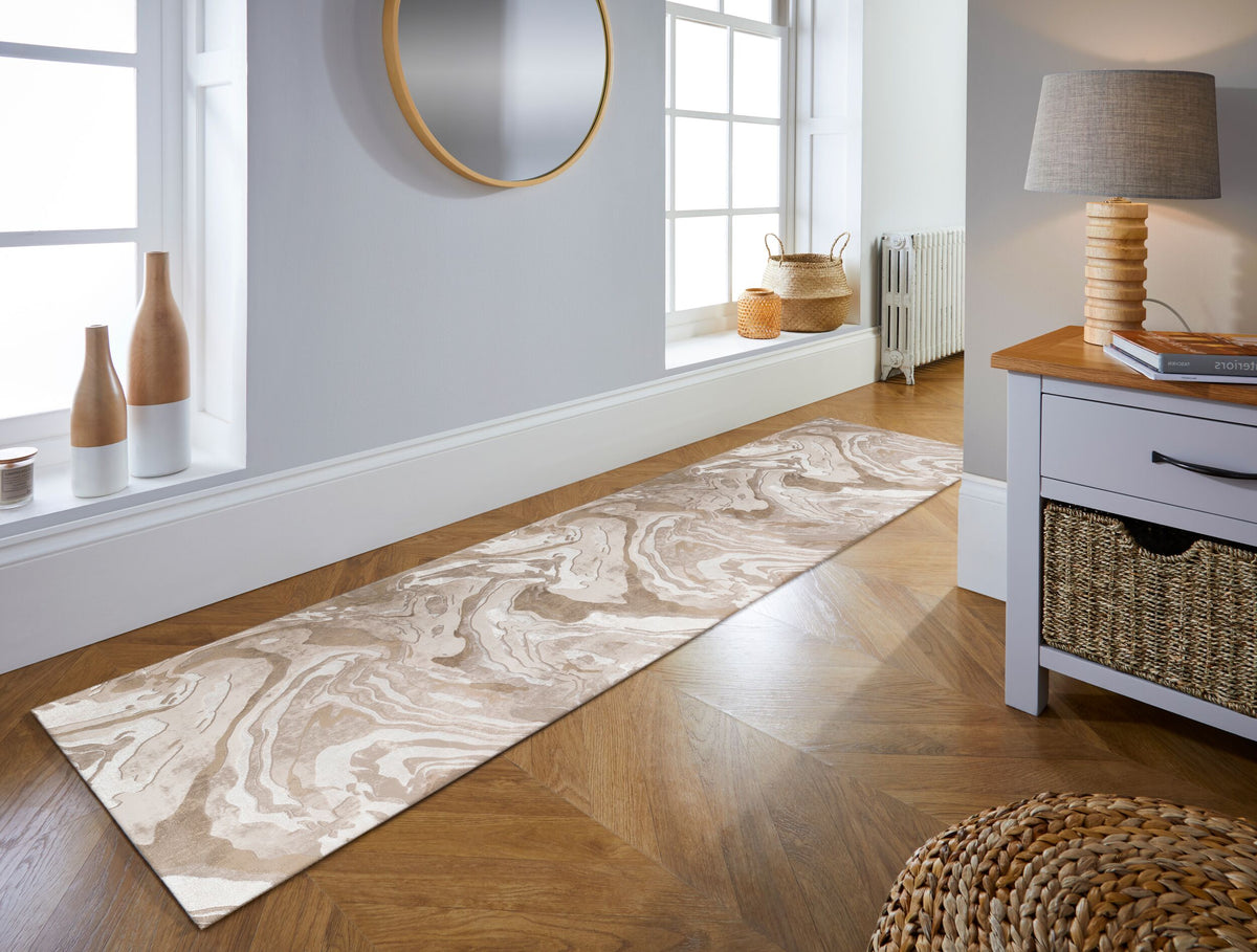 Luxuriöser Wohnzimmer Teppich mit metallischer Marmorierung_Beige_Läufer_