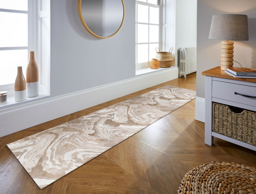 Luxuriöser Wohnzimmer Teppich mit metallischer Marmorierung_Beige_Läufer_