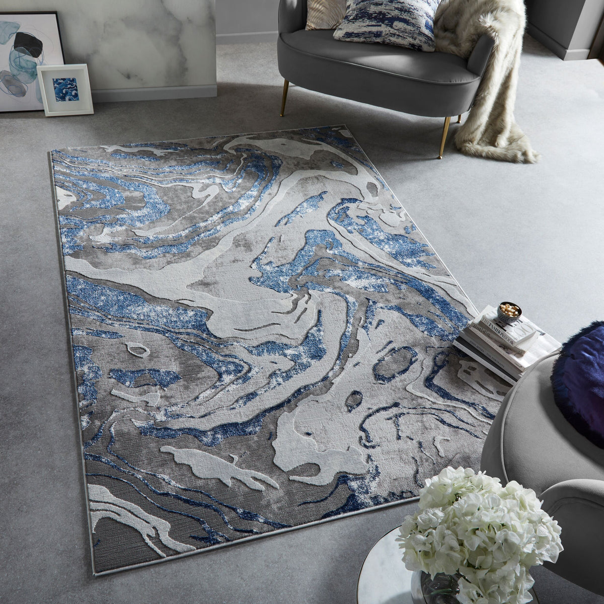 Luxuriöser Wohnzimmer Teppich mit metallischer Marmorierung_Blau-Grau_Rechteckig_