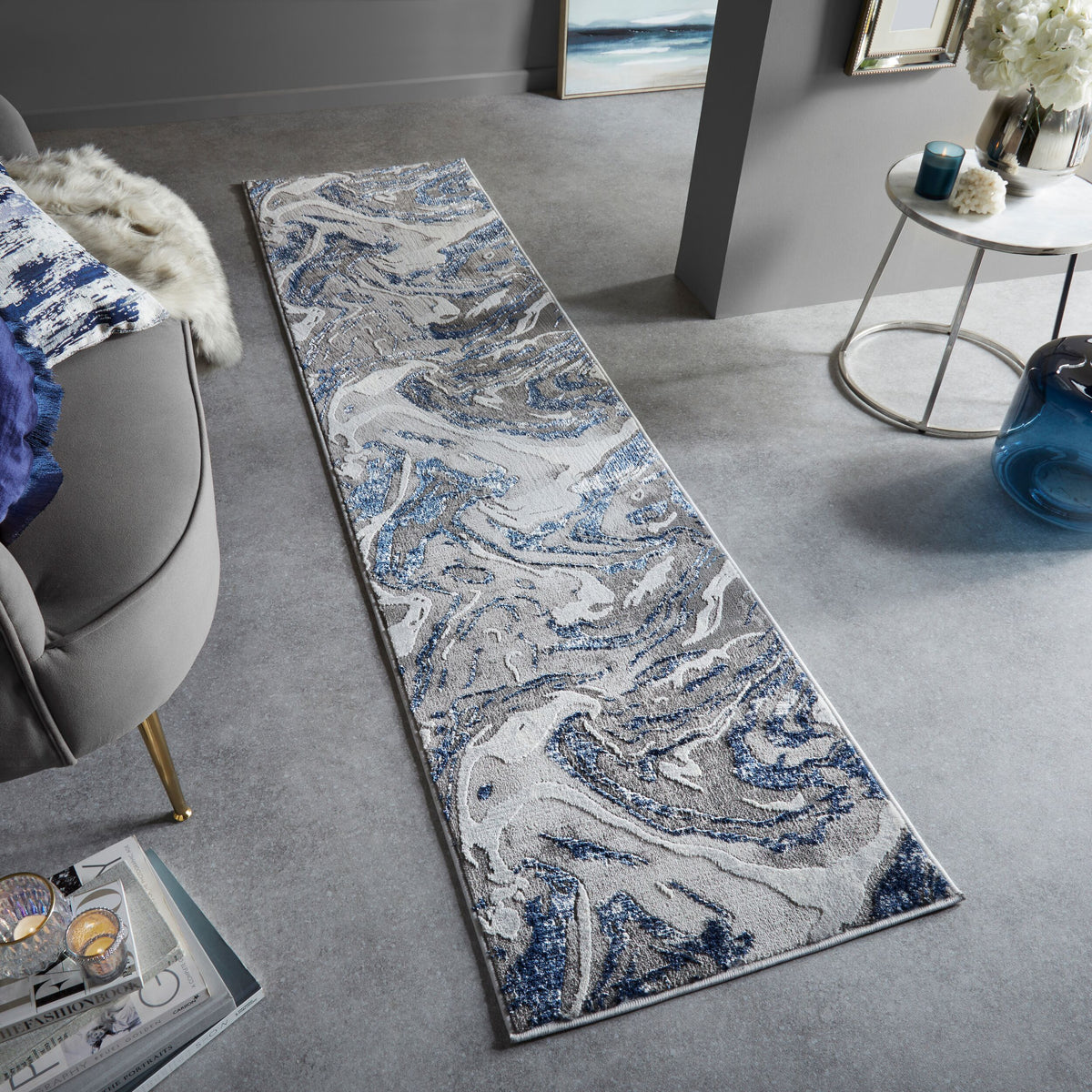 Luxuriöser Wohnzimmer Teppich mit metallischer Marmorierung_Blau-Grau_Läufer_