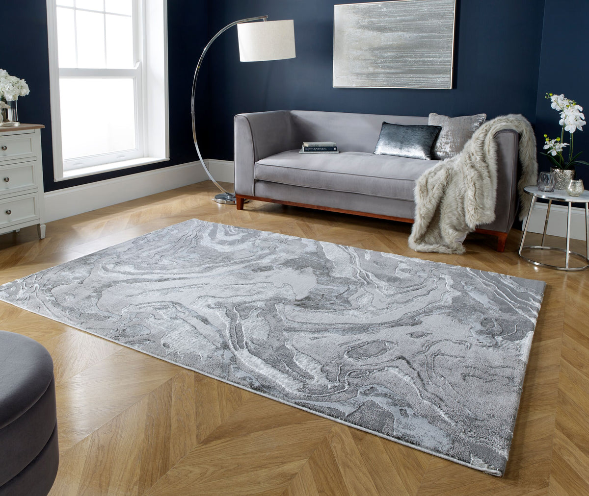 Luxuriöser Wohnzimmer Teppich mit metallischer Marmorierung_Silber_Rechteckig_