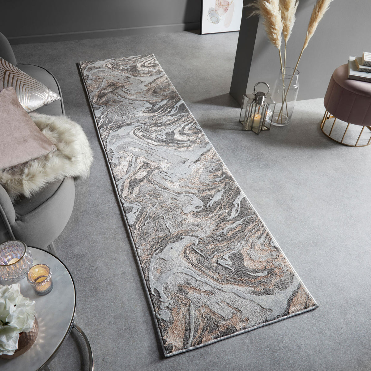 Luxuriöser Wohnzimmer Teppich mit metallischer Marmorierung_Rosa-Grau_Läufer_