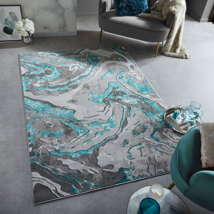 Luxuriöser Wohnzimmer Teppich mit metallischer Marmorierung_Grün-Grau_Rechteckig_