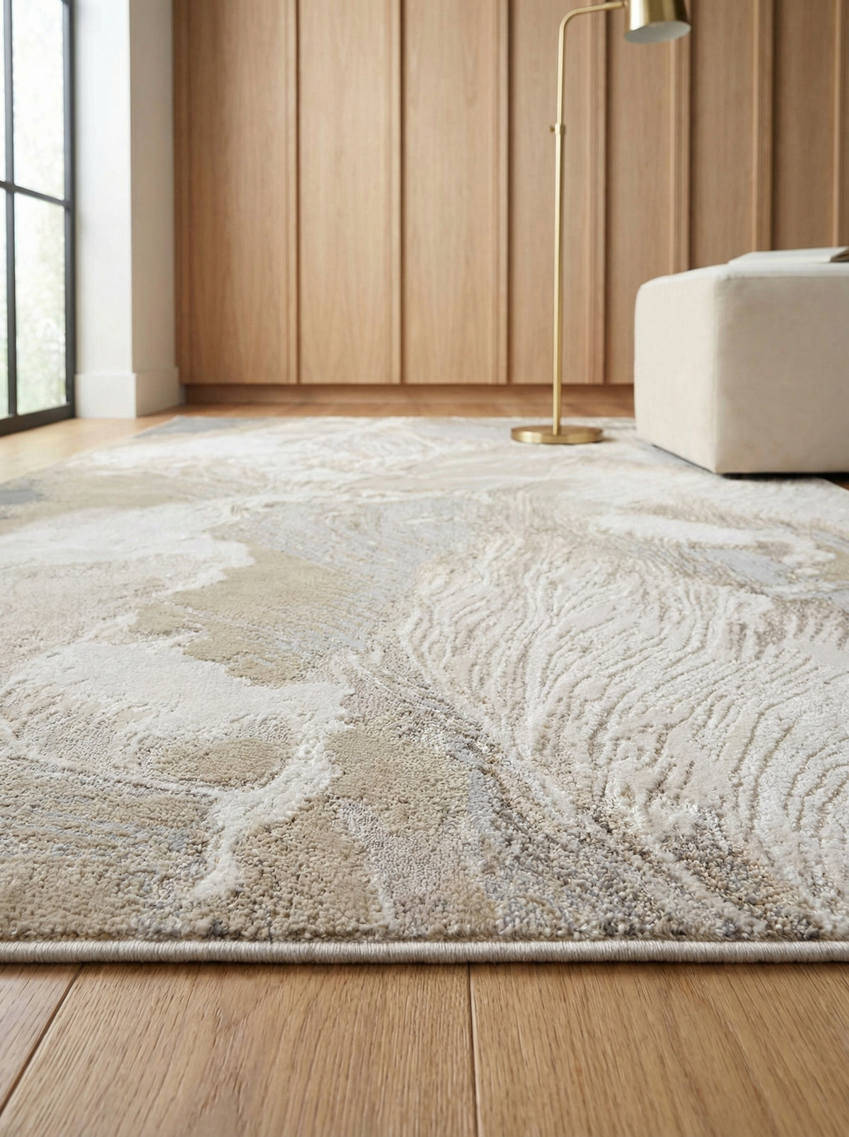 Luxus-Designerteppich mit Hochglanz-Effekt_Abstraktes Marmor-Muster_Gold_Grau_Beige_Champagner_Pflegeleicht und Langlebig - COMO-Nesso_