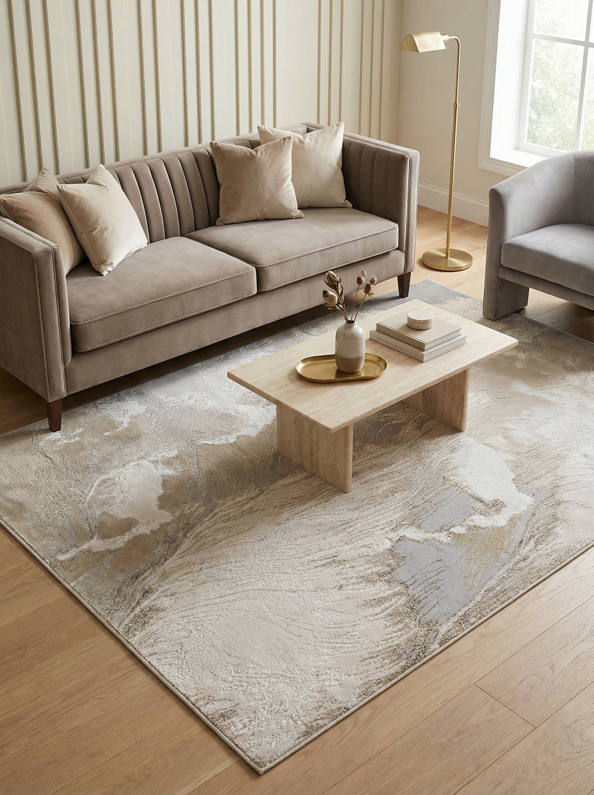 Luxus-Designerteppich mit Hochglanz-Effekt_Abstraktes Marmor-Muster_Gold_Grau_Beige_Champagner_Pflegeleicht und Langlebig - COMO-Nesso_