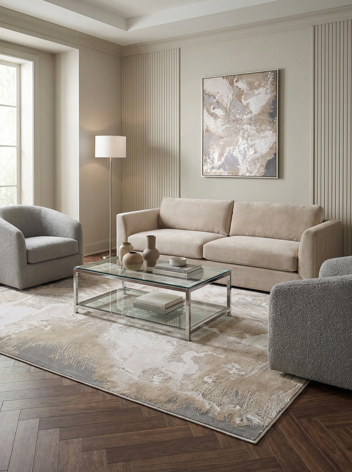 Luxus-Designerteppich mit Hochglanz-Effekt Abstraktes Marmor-Muster Gold Grau Beige Champagner Pflegeleicht und Langlebig - COMO-Nesso