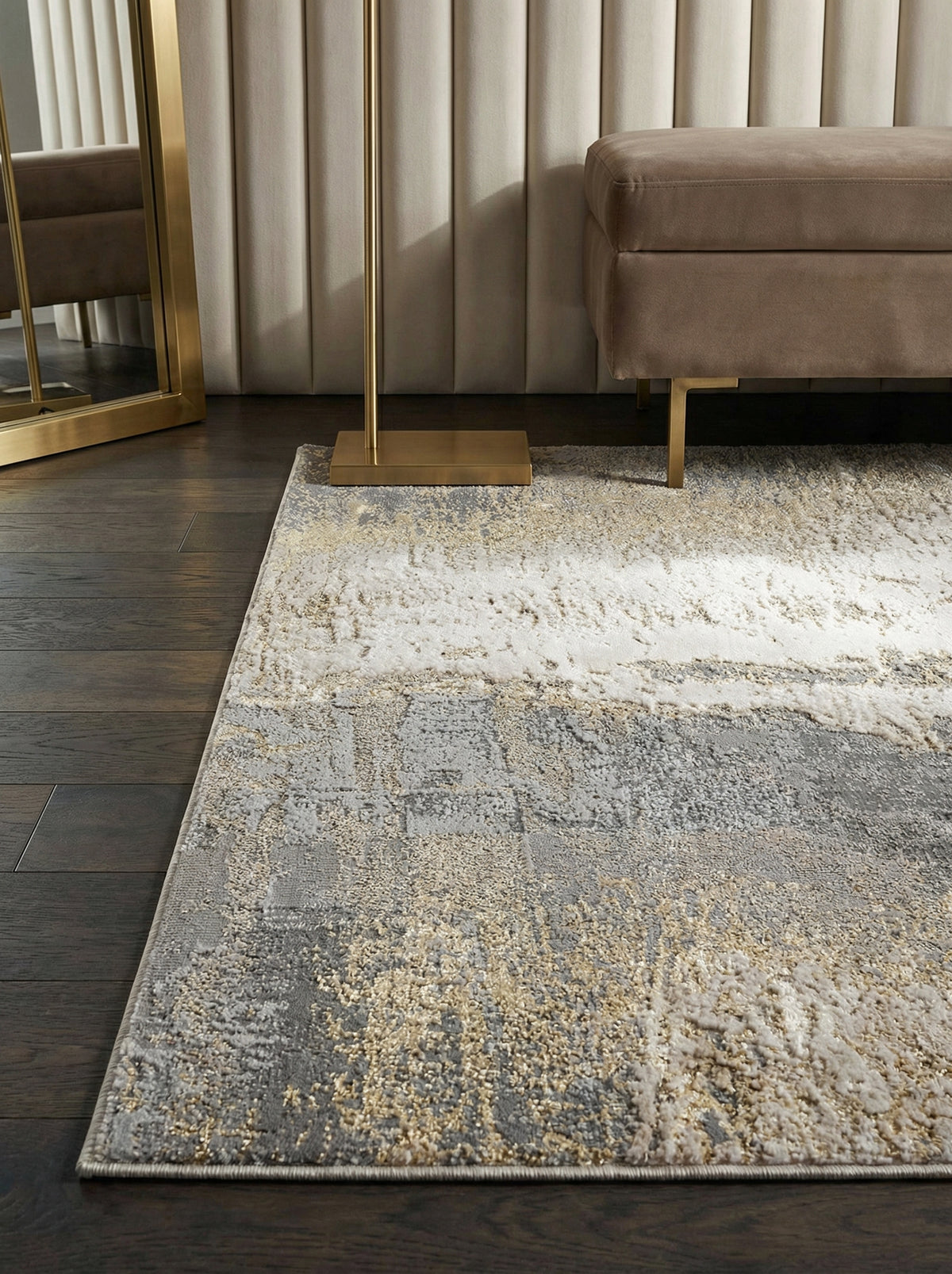 Luxus-Designerteppich mit Marmoreffekt Abstraktes Muster in Grau-Silber-Gold Hochglänzend und Pflegeleicht - COMO-Colico - Kadima Design