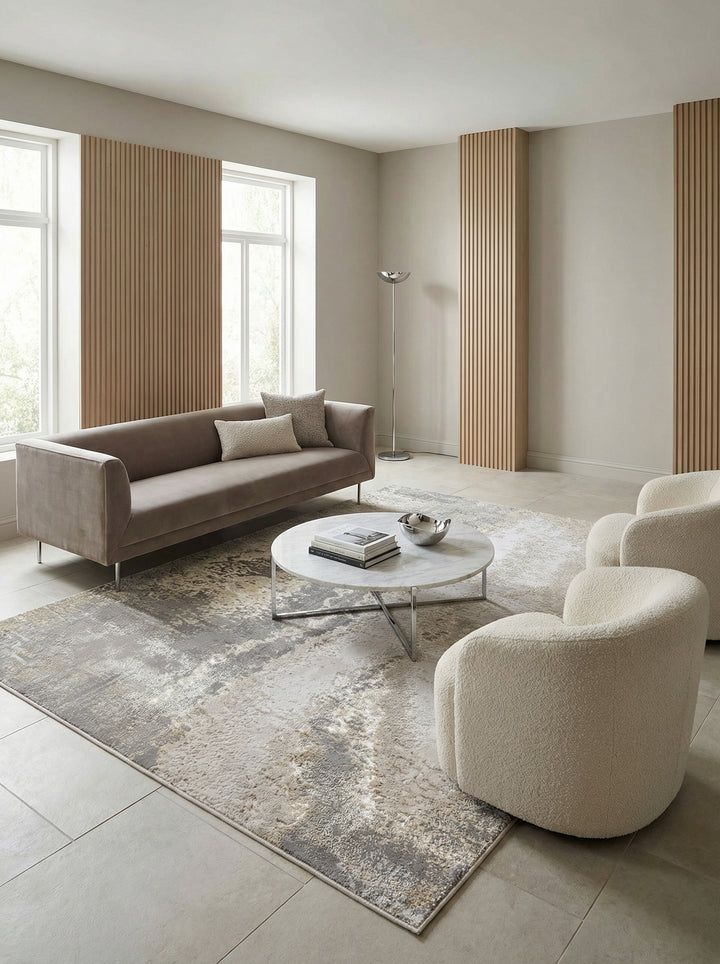 Luxus-Designerteppich mit Marmoreffekt_Abstraktes Muster in Grau-Silber-Gold_Hochglänzend und Pflegeleicht - COMO-Colico - Kadima Design_