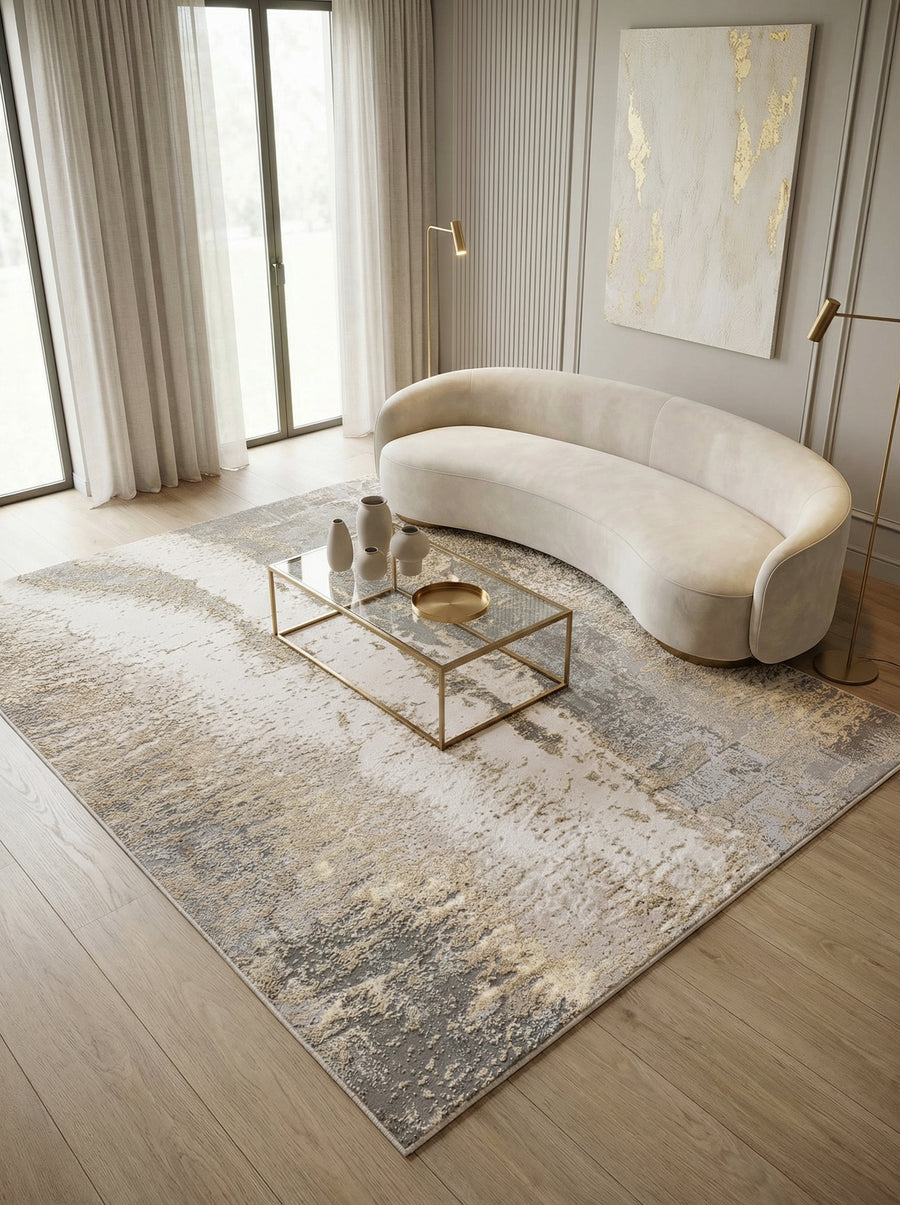 Luxus-Designerteppich mit Marmoreffekt_Abstraktes Muster in Grau-Silber-Gold_Hochglänzend und Pflegeleicht - COMO-Colico - Kadima Design_