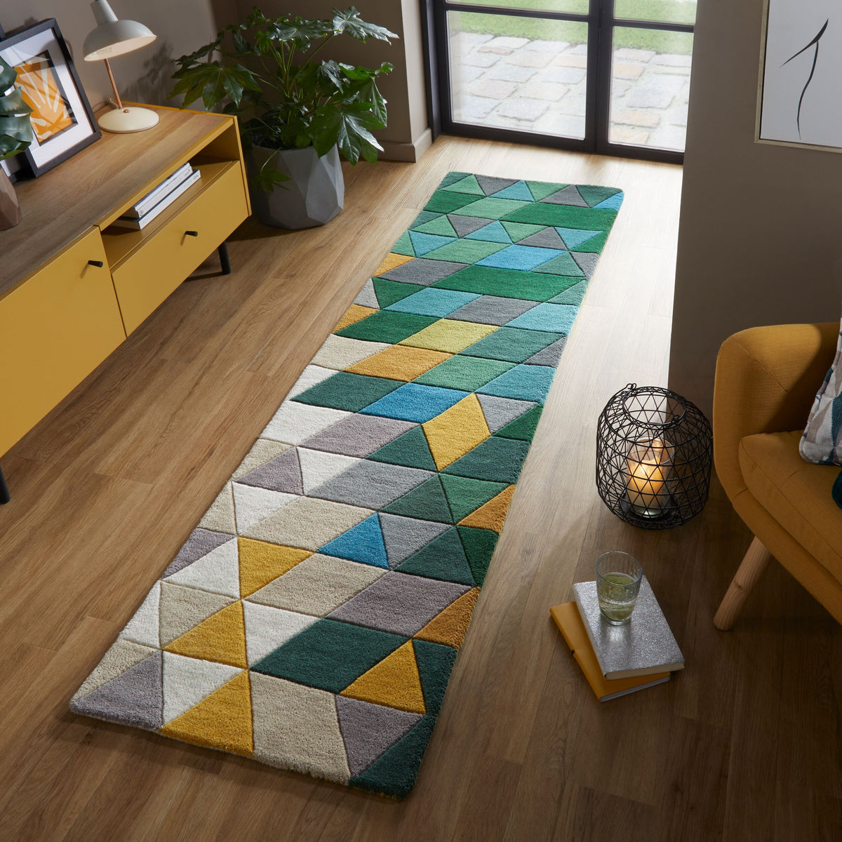Luxus handgetufteter Wollteppich in Grün-Multi_Grün-Multi_Läufer_