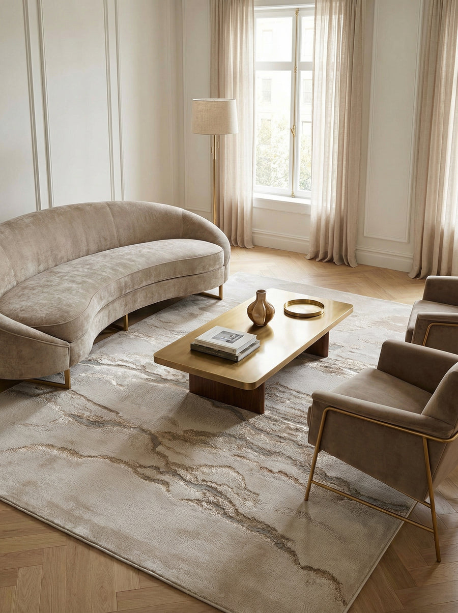 Luxus-Velours Teppich mit Marmoreffekt_Abstraktes Design in Warmen Tönen Bronze-Gold-Silber-Champagner_Hochglänzend_Strapazierfähig - COMO-Lenno_