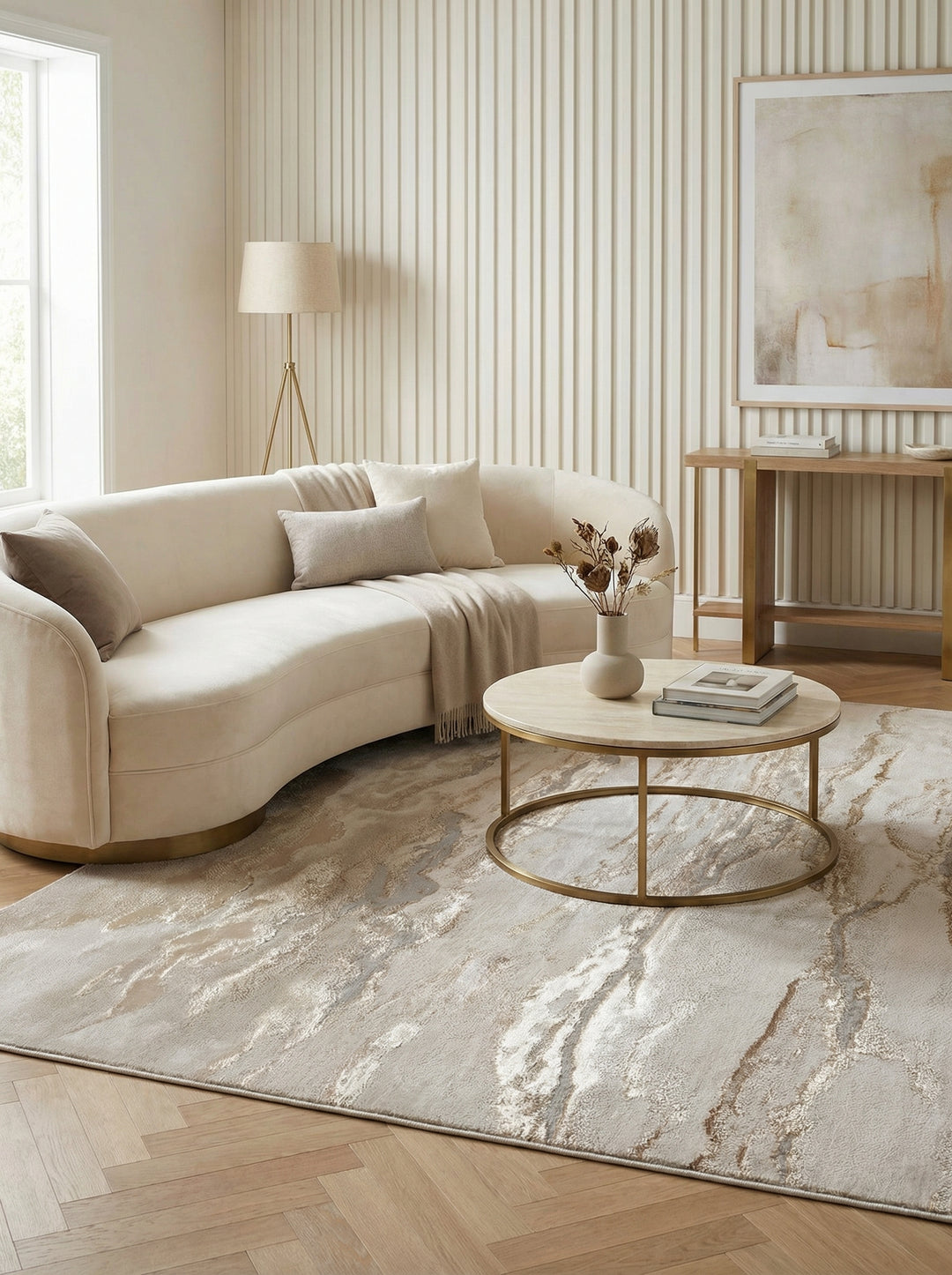 Luxus-Velours Teppich mit Marmoreffekt_Abstraktes Design in Warmen Tönen Bronze-Gold-Silber-Champagner_Hochglänzend_Strapazierfähig - COMO-Lenno_