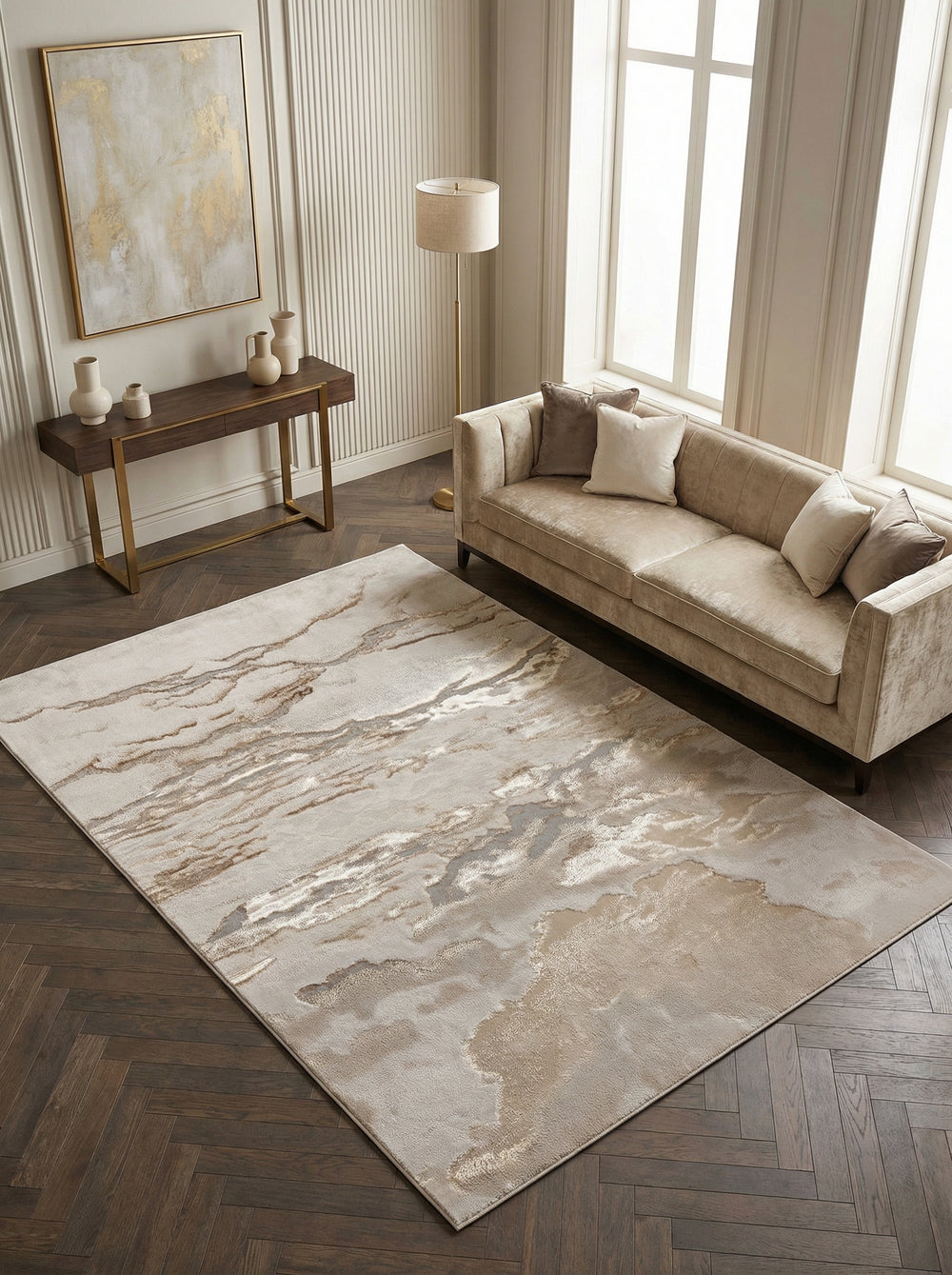 Luxus-Velours Teppich mit Marmoreffekt_Abstraktes Design in Warmen Tönen Bronze-Gold-Silber-Champagner_Hochglänzend_Strapazierfähig - COMO-Lenno_