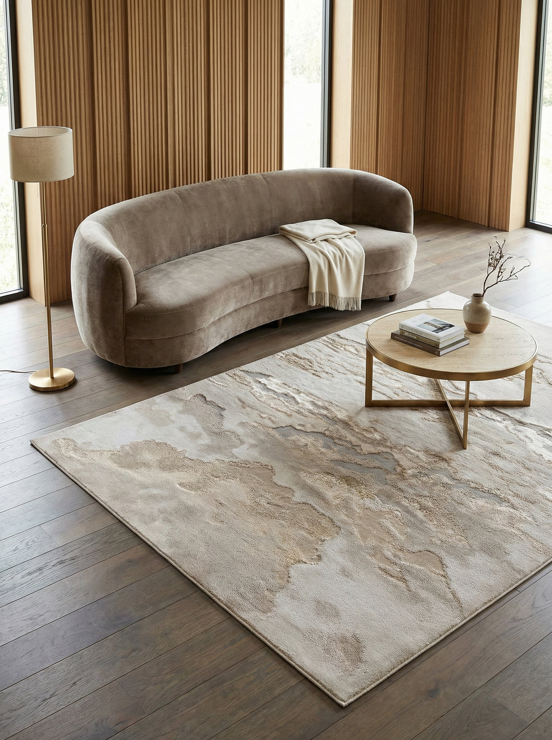 Luxus-Velours Teppich mit Marmoreffekt_Abstraktes Design in Warmen Tönen Bronze-Gold-Silber-Champagner_Hochglänzend_Strapazierfähig - COMO-Lenno_