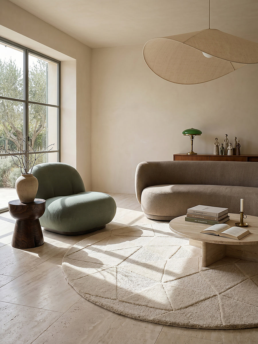Teppich Natur rund im modernen Wohnzimmer_