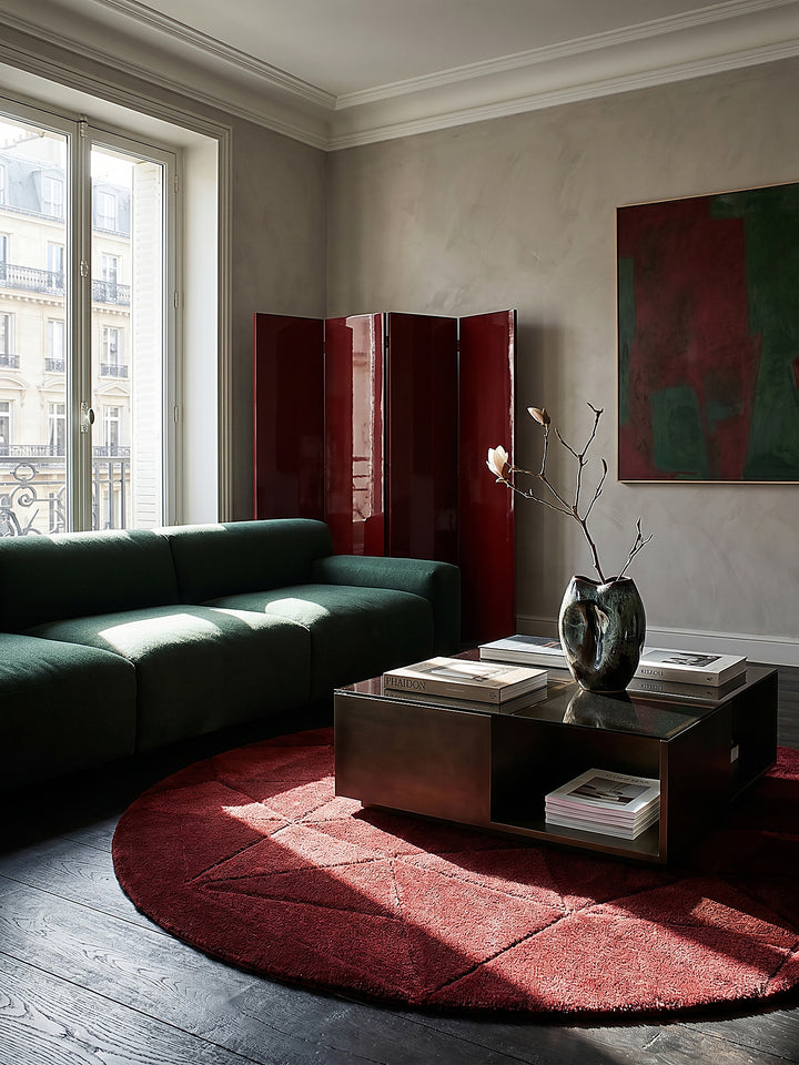 Teppich Rot rund im modernen Wohnzimmer Einrichtungsidee_