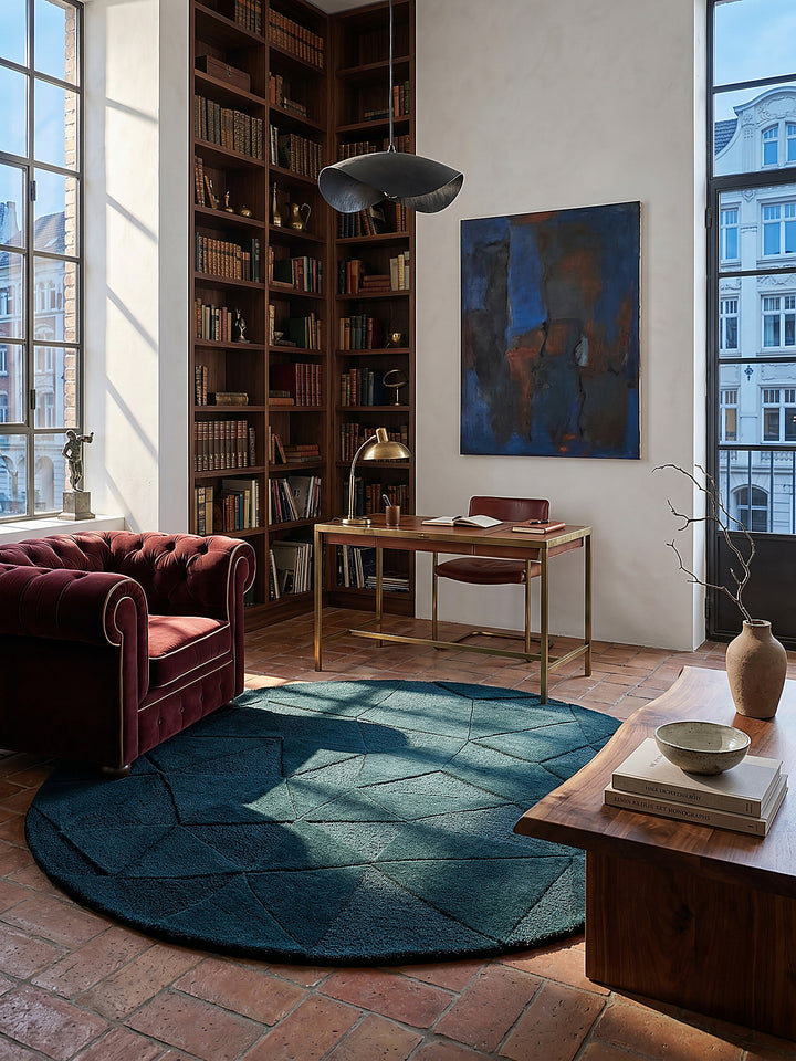 Teppich Türkis rund im Wohnzimmer mit Couchtisch und Wohnaccessoires Wohnidee skandinavisch modern_